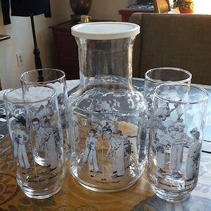 Vintage Norman Rockwell Carafe & 4 Glasses